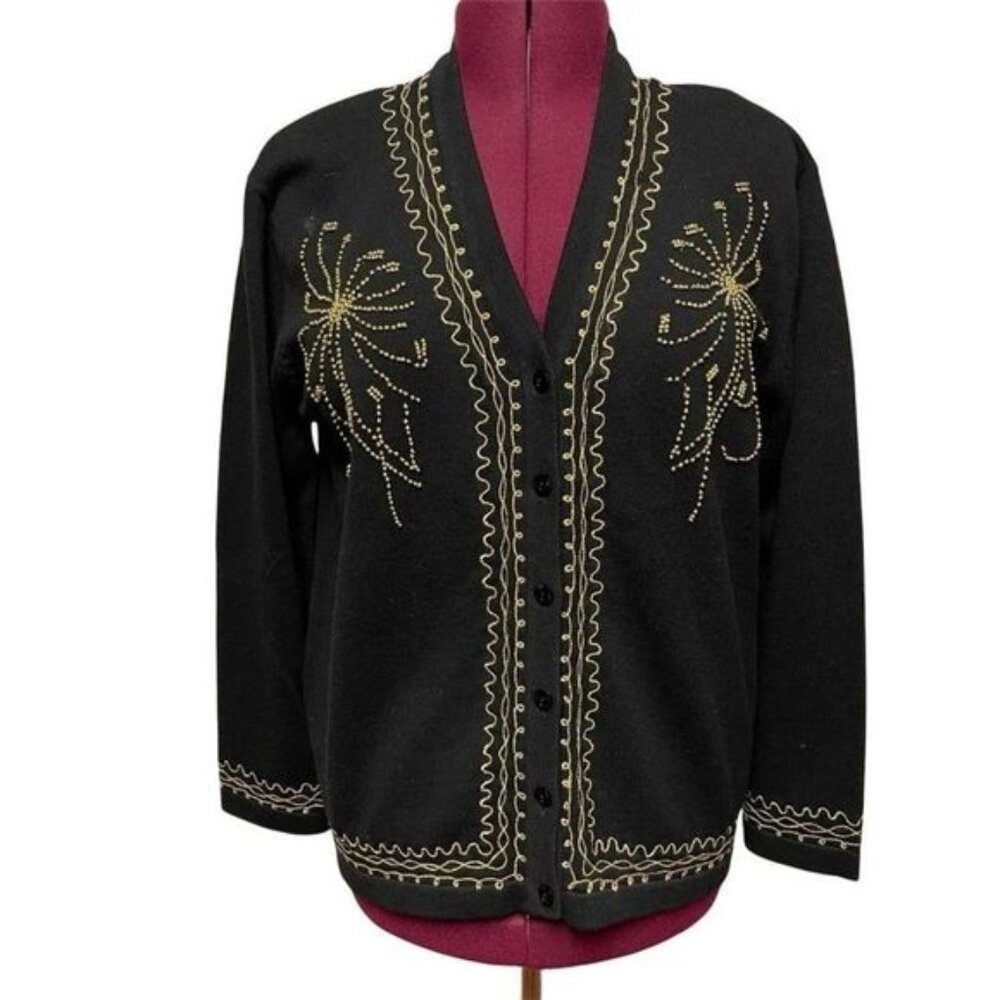 Terazzo‎ Womens Embroidered Knit Cardigan Black & Gold Size XL